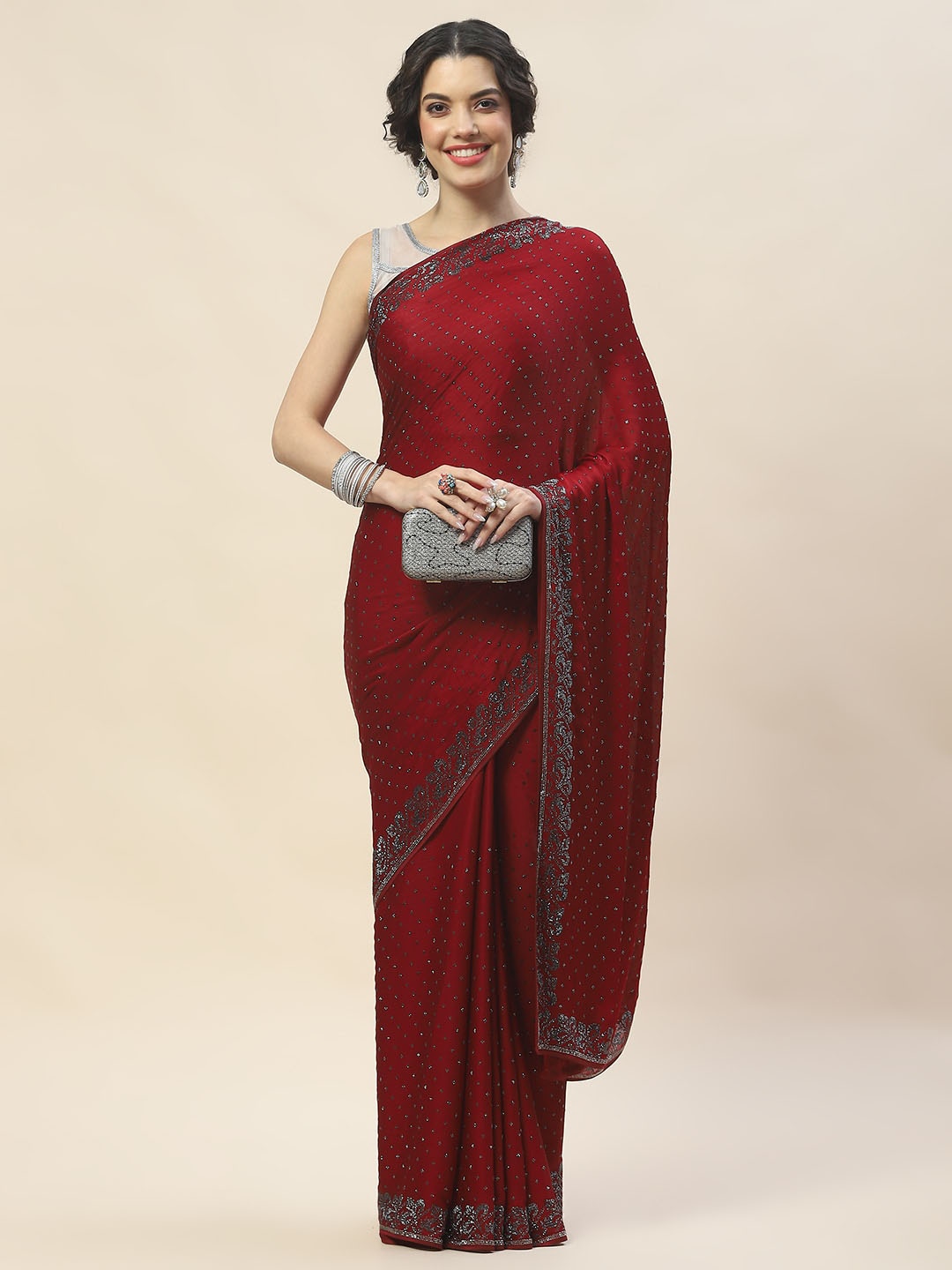 

Meena Bazaar Ethnic Motifs Beads and Stones Saree, Maroon