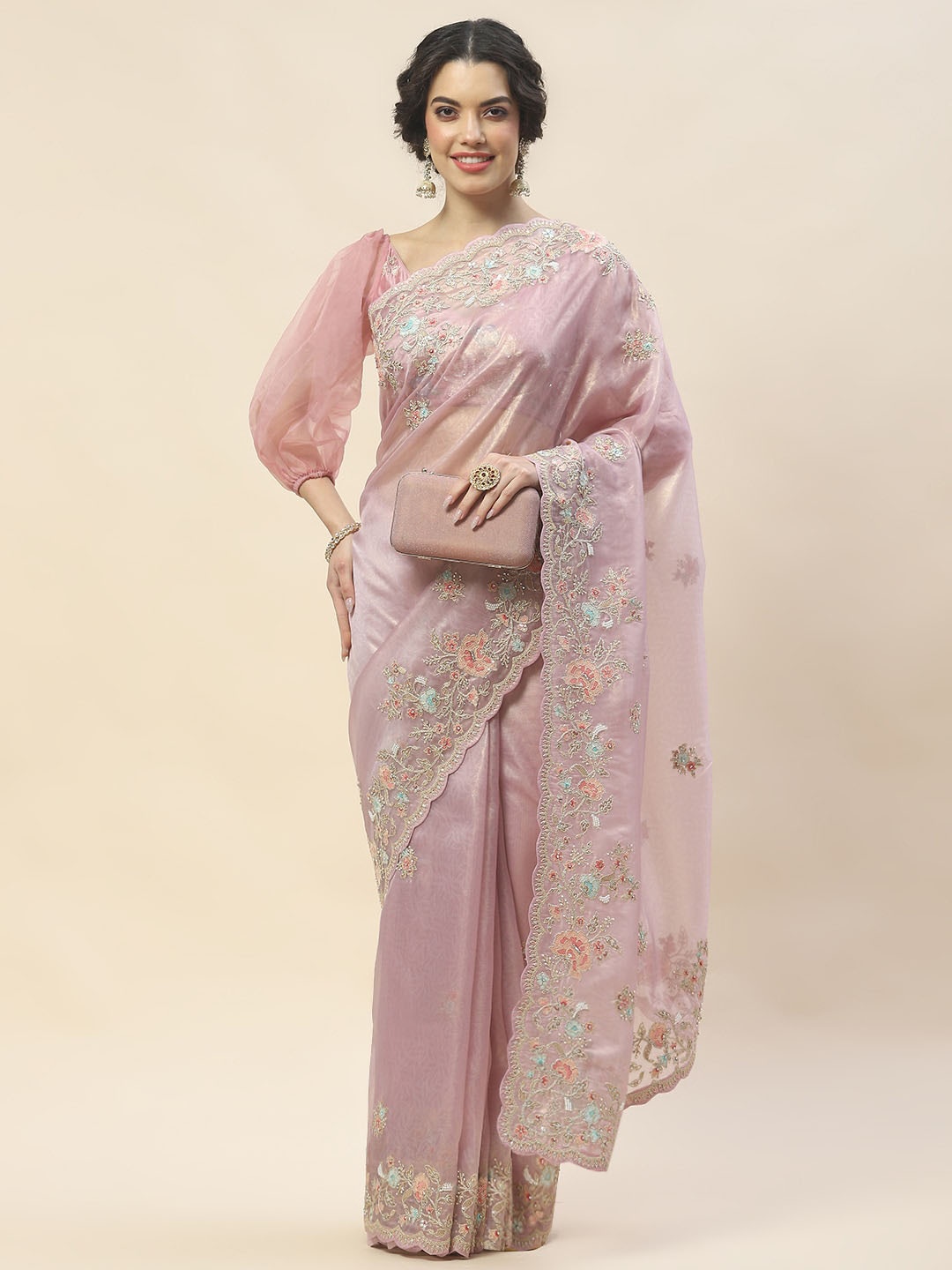 

Meena Bazaar Floral Embroidered Tissue Saree, Pink