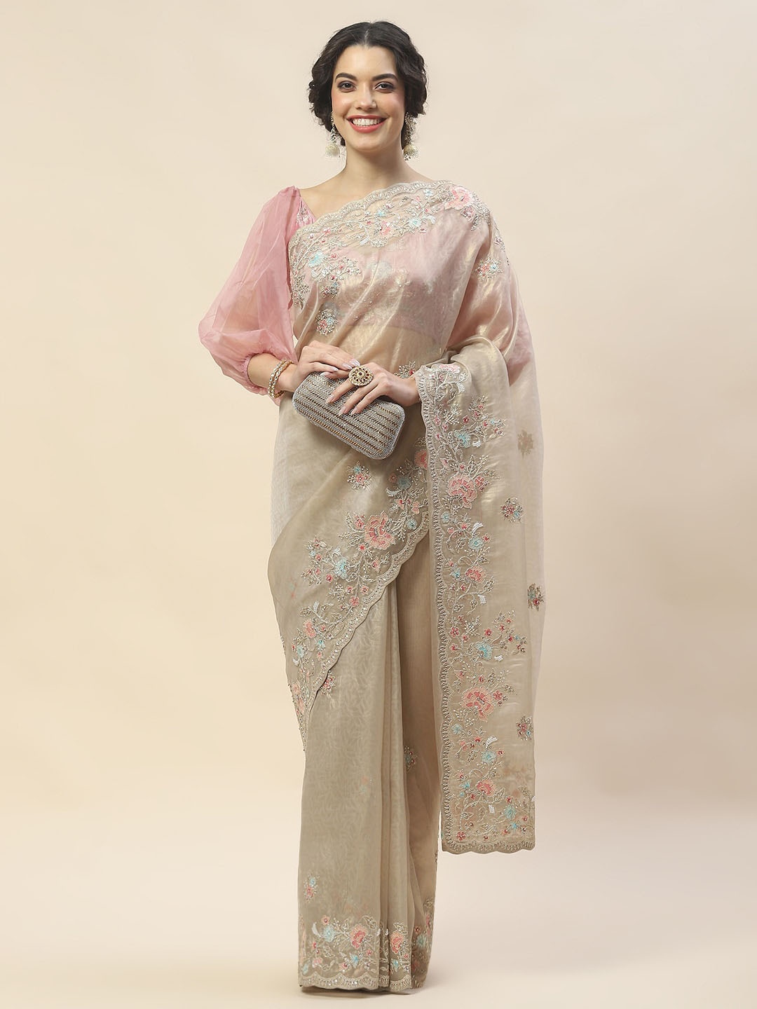 

Meena Bazaar Embellished Embroidered Beads And Stones Tissue Saree, Peach