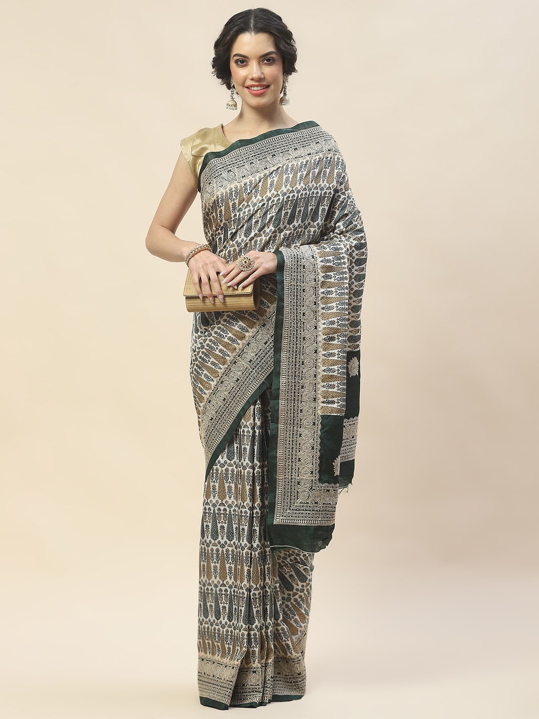 

Meena Bazaar Ethnic Motifs Printed Zari Tussar Saree, Green