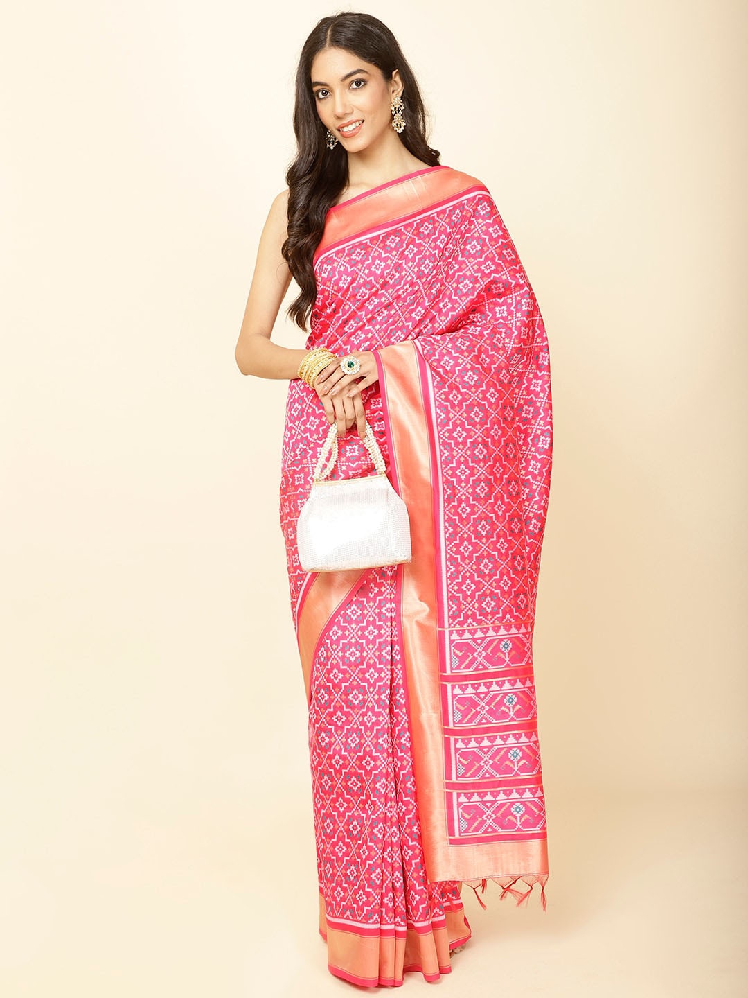 

Meena Bazaar Ethnic Motifs Woven Design Zari Saree, Pink
