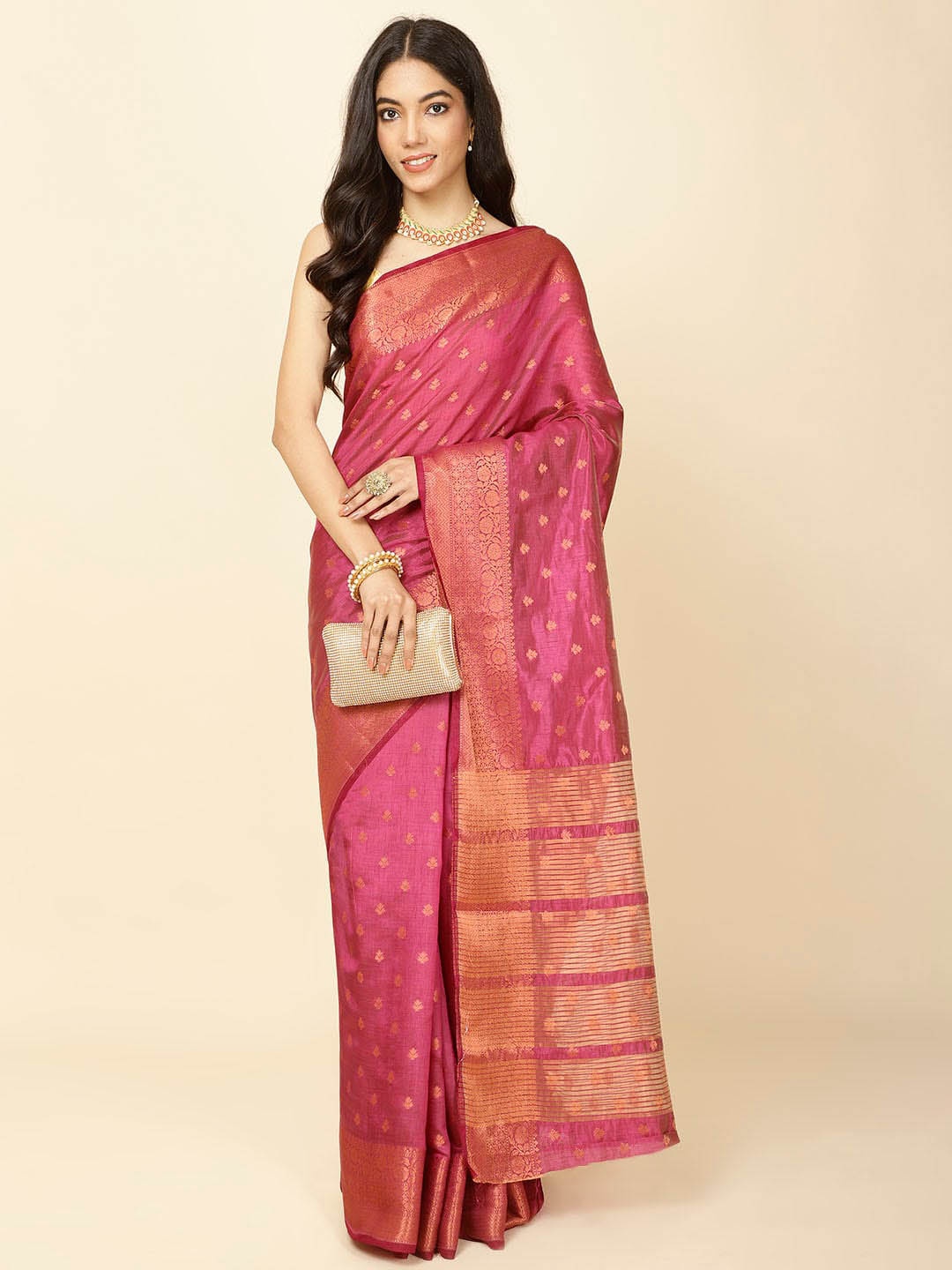 

Meena Bazaar Ethnic Motifs Woven Design Zari Saree, Pink