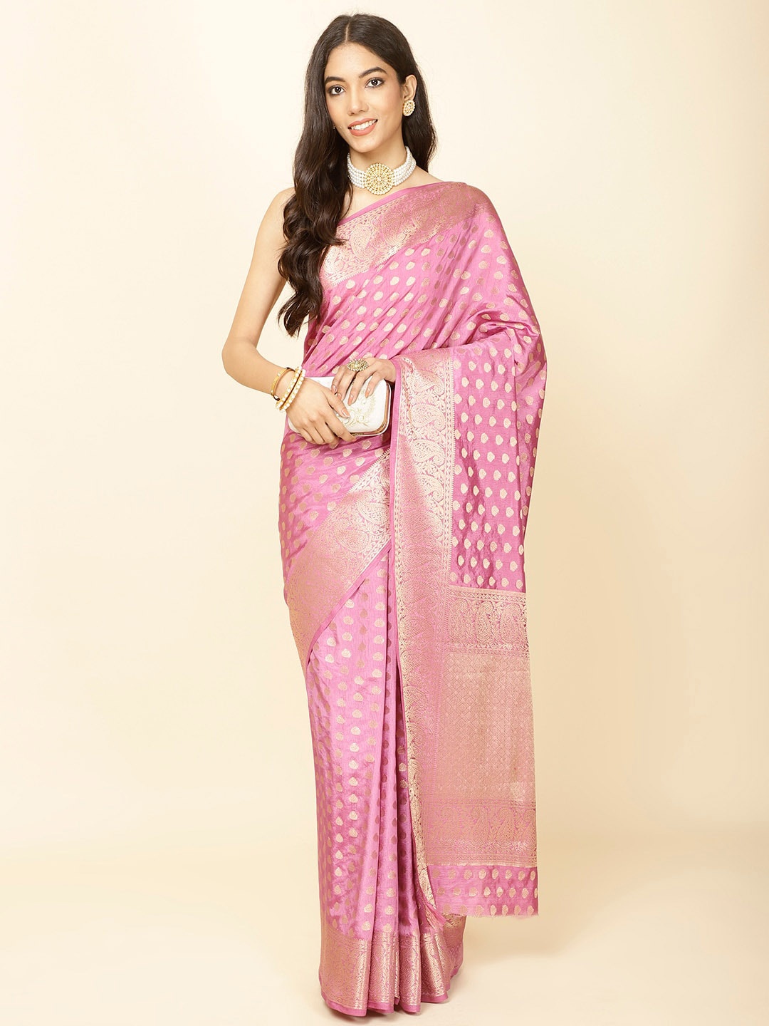 

Meena Bazaar Ethnic Motifs Woven Design Art Silk Zari Saree, Pink