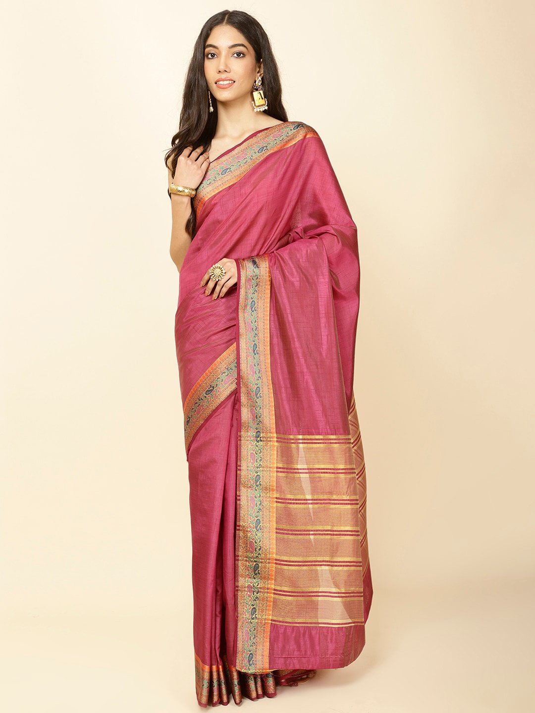 

Meena Bazaar Woven Design Zari Saree, Pink