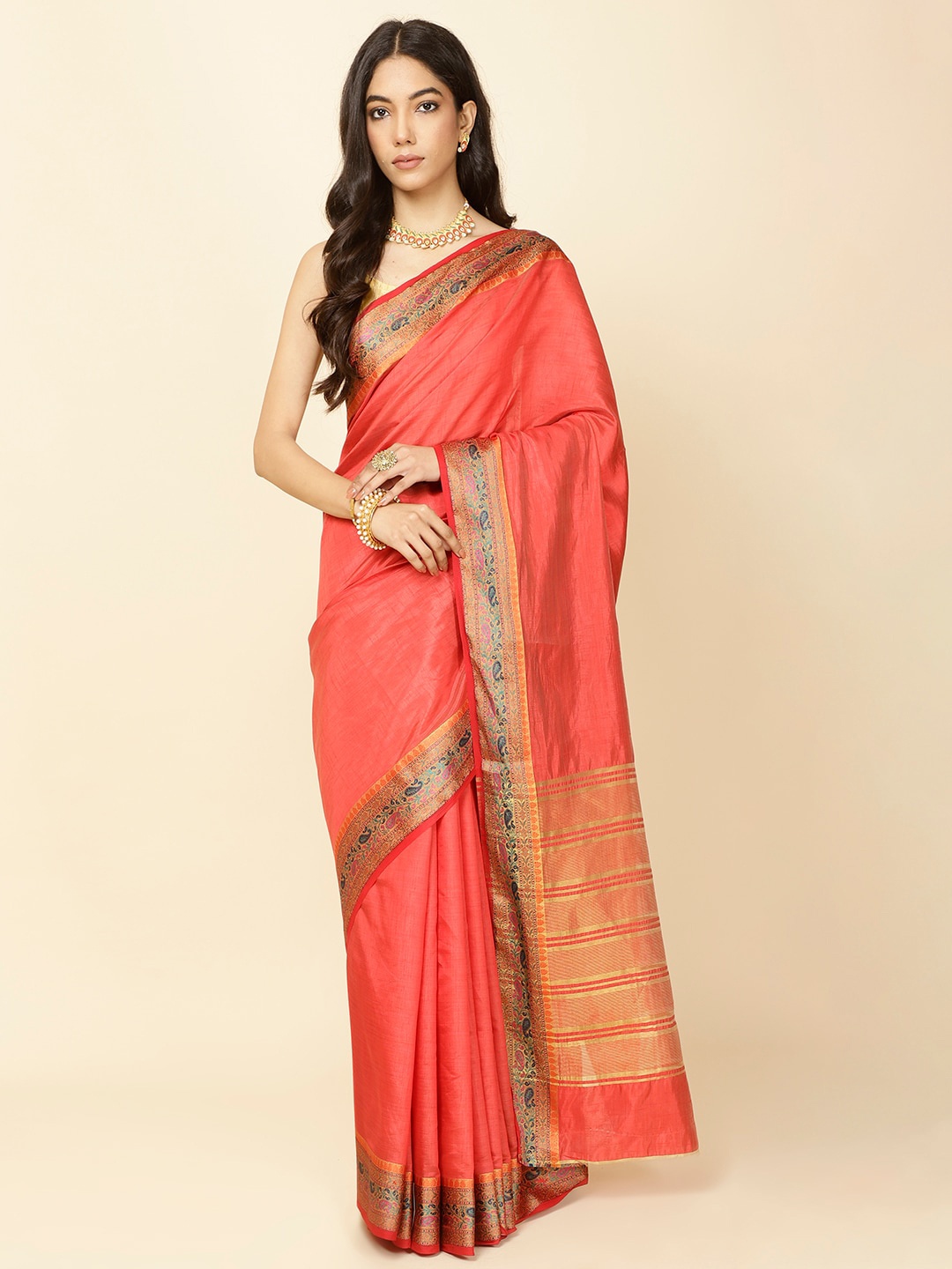 

Meena Bazaar Woven Design Handloom Saree, Red