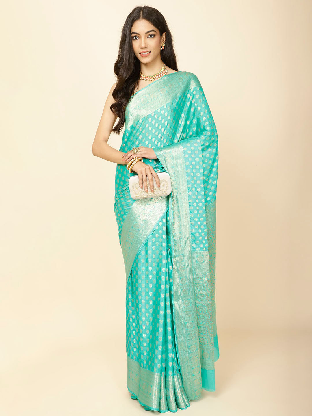 

Meena Bazaar Woven Design Zari Poly Crepe Saree, Sea green