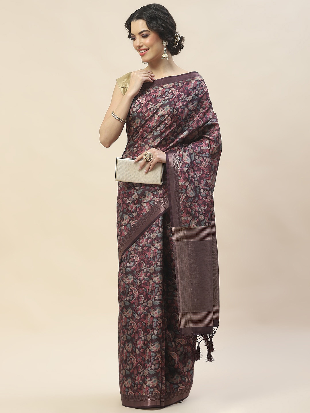 

Meena Bazaar Ethnic Motifs Printed Tussar Saree, Burgundy