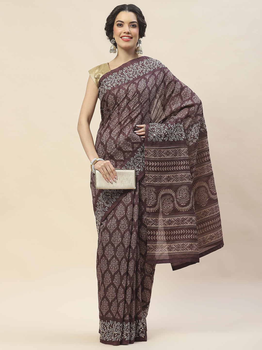 

Meena Bazaar Ethnic Motifs Printed Tussar Saree, Burgundy