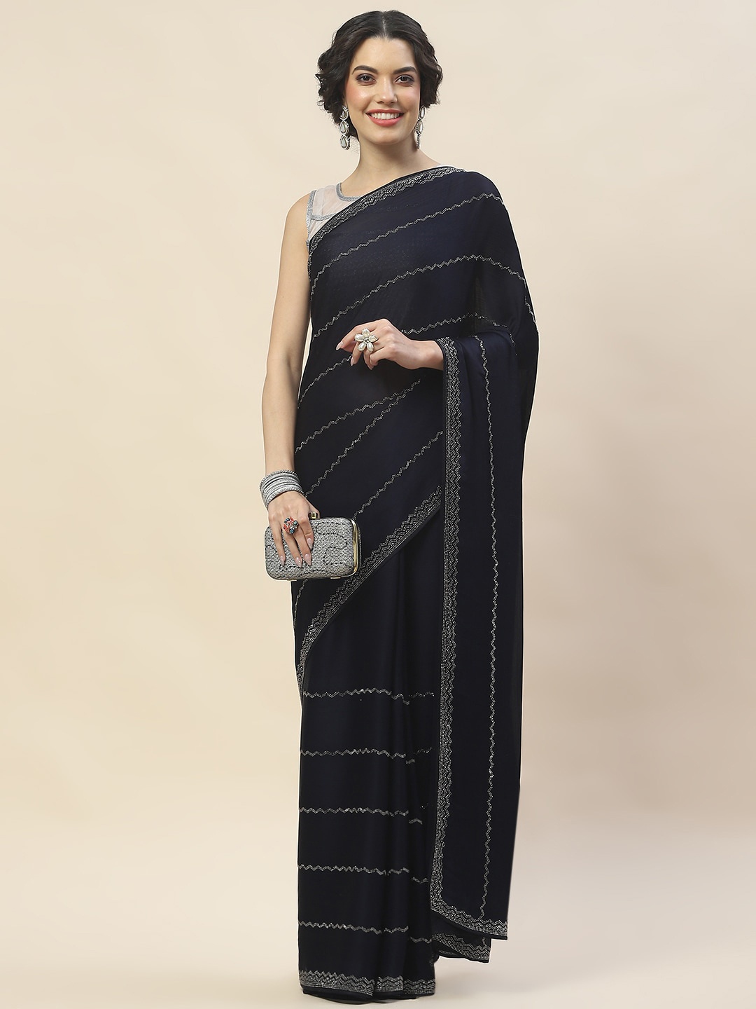 

Meena Bazaar Embellished Sequinned Saree, Navy blue