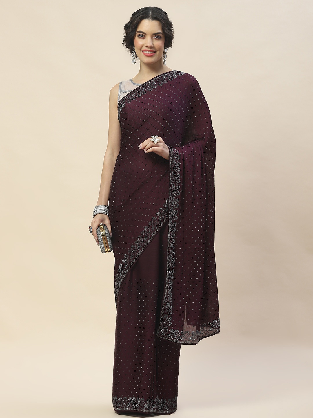 

Meena Bazaar Embellished Beads and Stones Saree, Purple