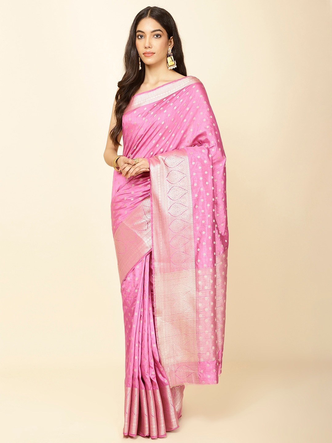 

Meena Bazaar Ethnic Motifs Woven Design Zari Art Silk Saree, Pink