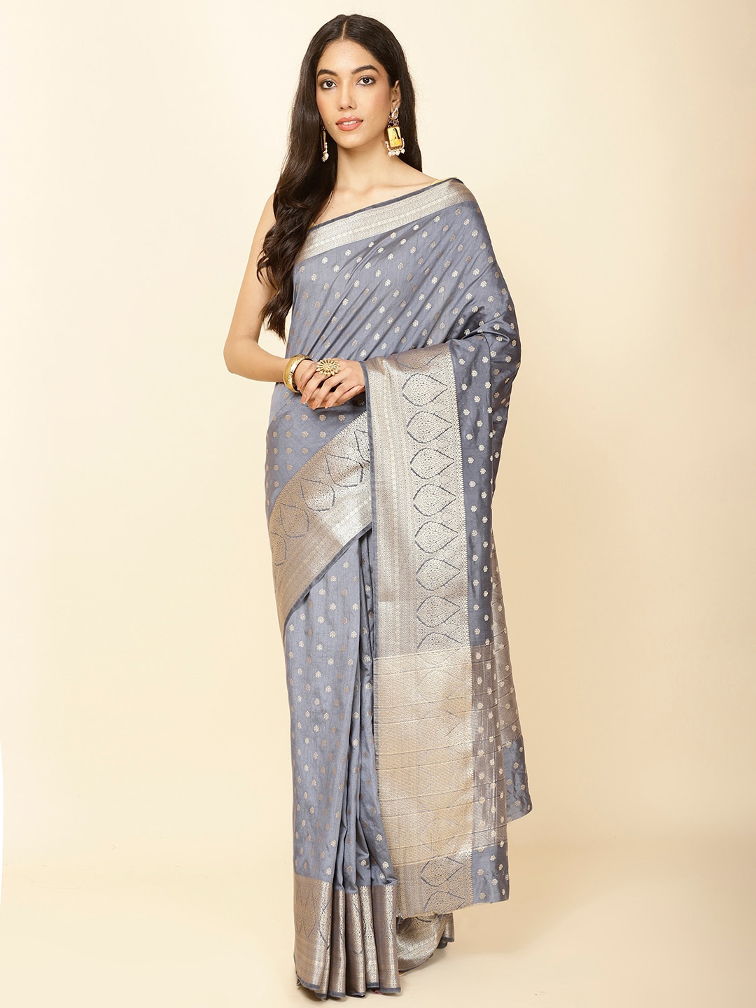 

Meena Bazaar Ethnic Motifs Woven Design Zari Saree, Grey