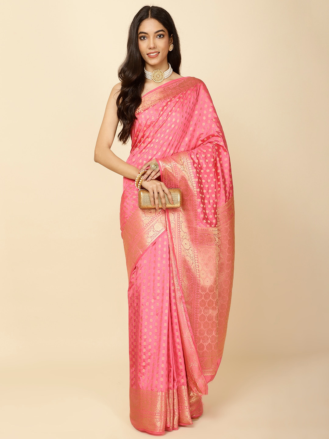 

Meena Bazaar Ethnic Motifs Woven Design Zari Saree, Pink