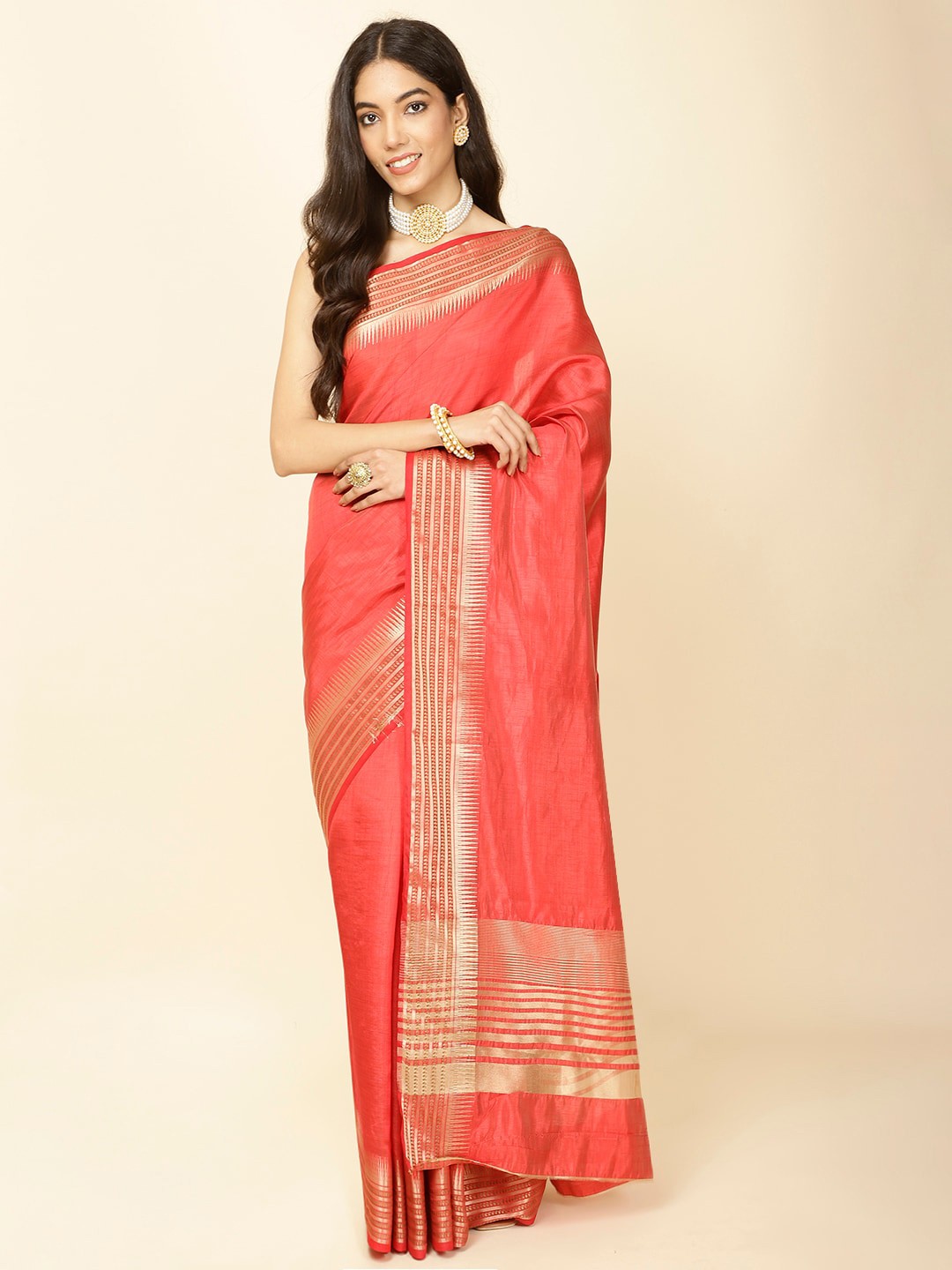 

Meena Bazaar Striped Woven Design Zari Saree, Red