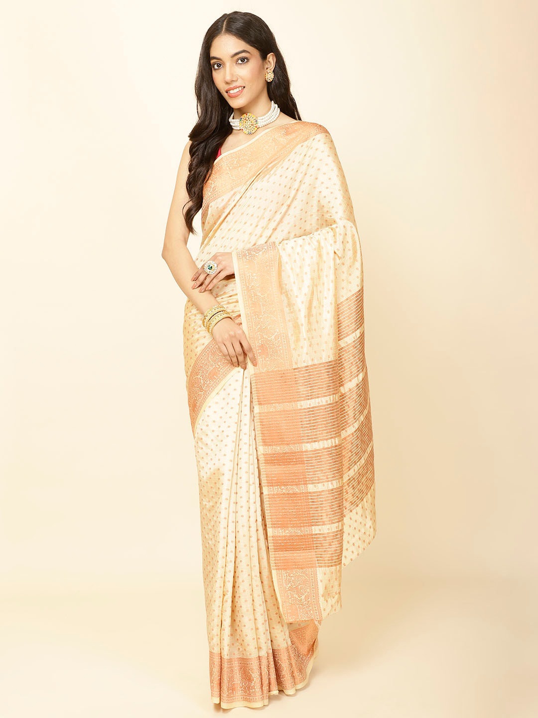 

Meena Bazaar Ethnic Motifs Woven Design Zari Saree, Beige