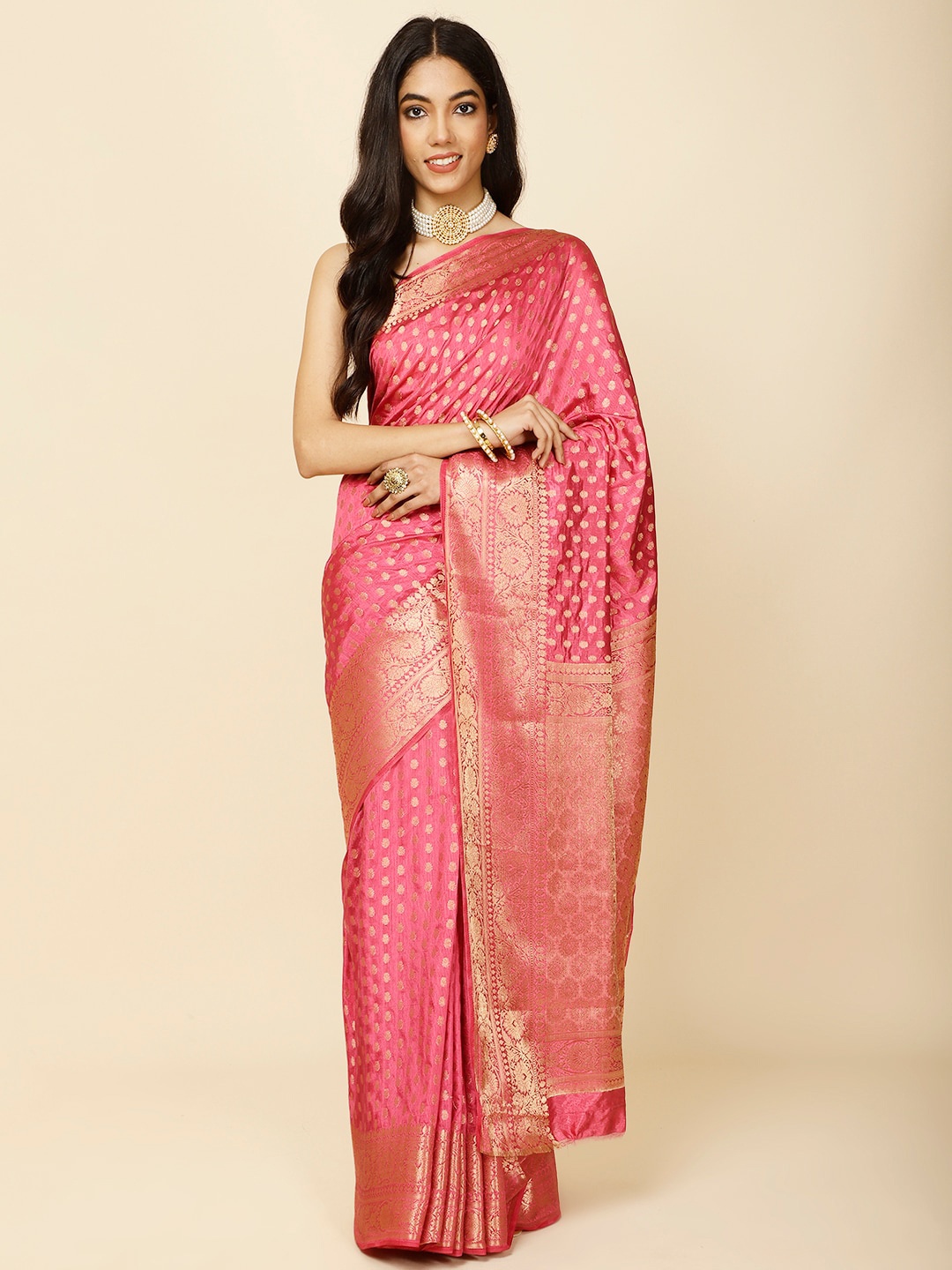 

Meena Bazaar Ethnic Motifs Woven Design Zari Saree, Pink