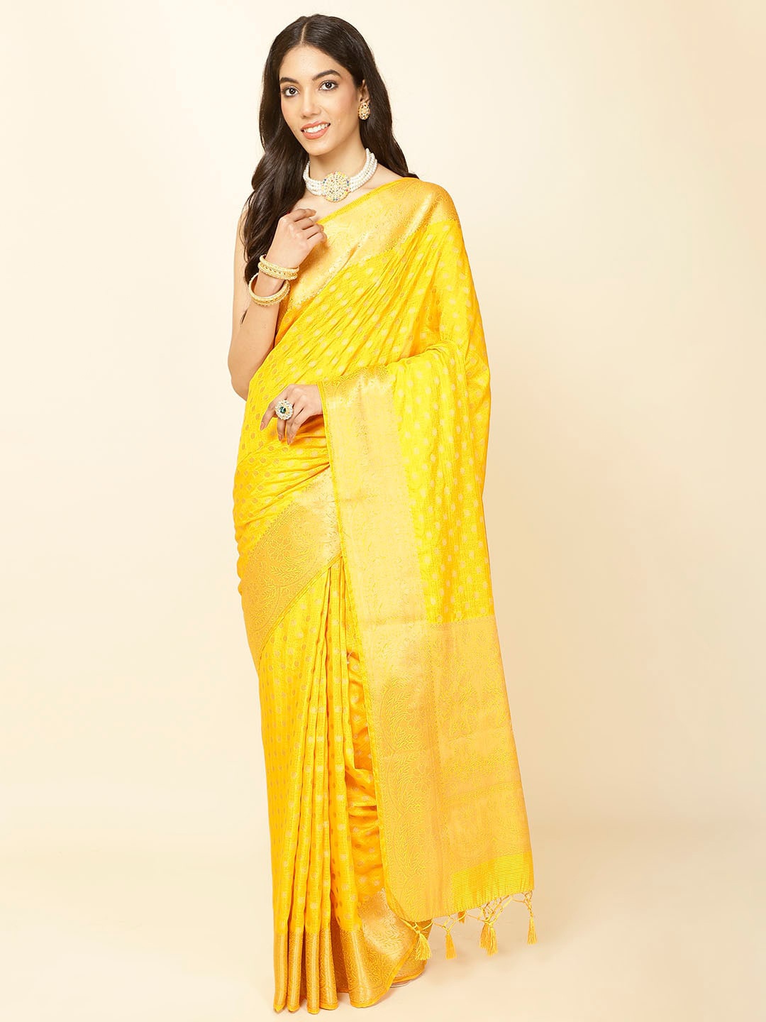 

Meena Bazaar Ethnic Motifs Woven Design Zari Saree, Mustard