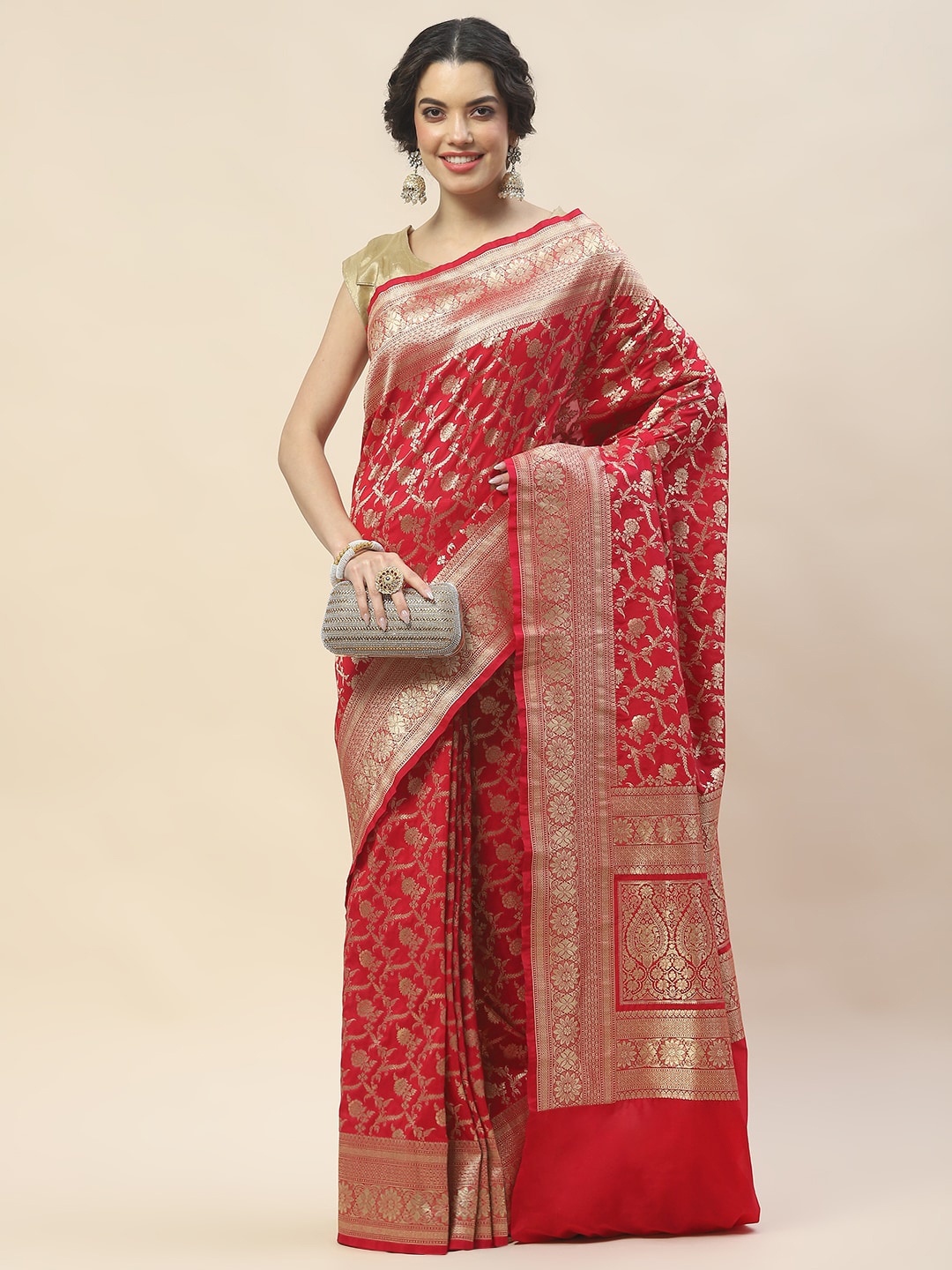 

Meena Bazaar Ethnic Motifs Woven Design Zari Banarasi Saree, Pink