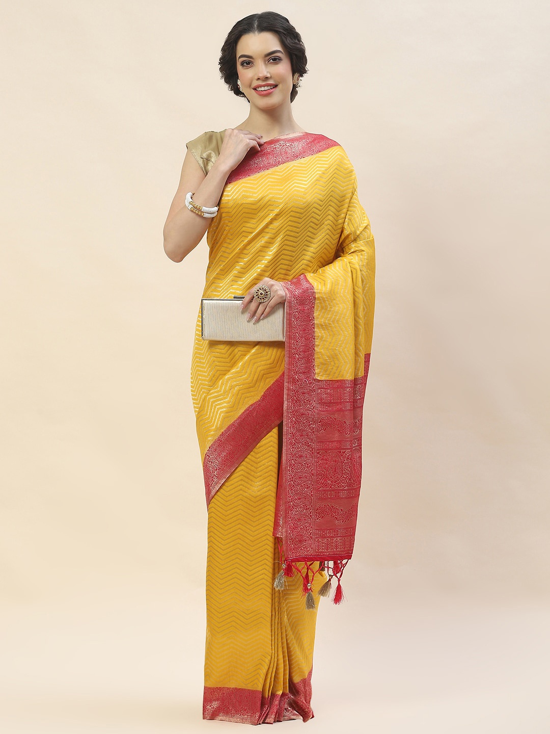 

Meena Bazaar Geometric Woven Design Zari Saree, Mustard