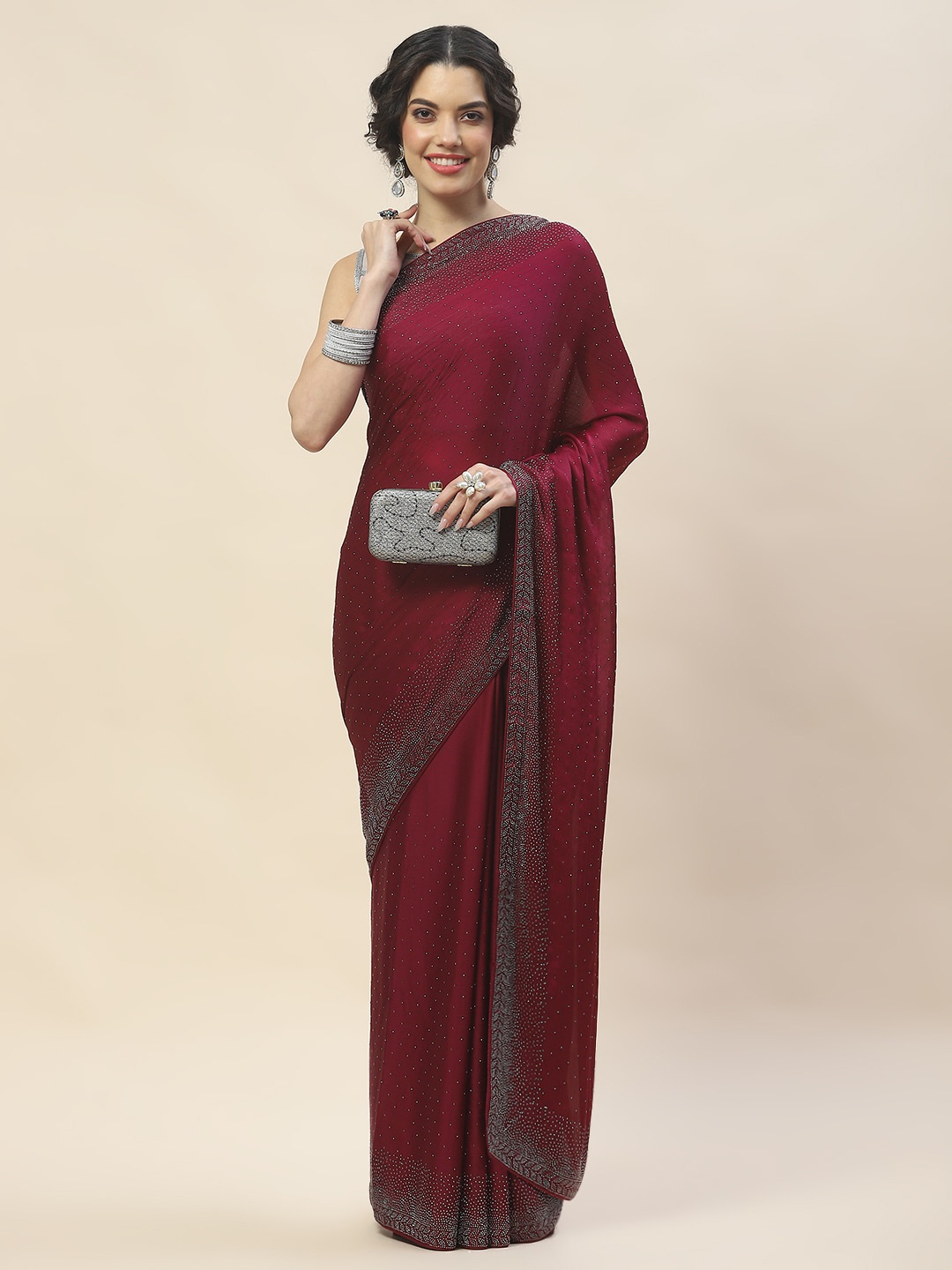 

Meena Bazaar Embellished Beads and Stones Saree, Purple