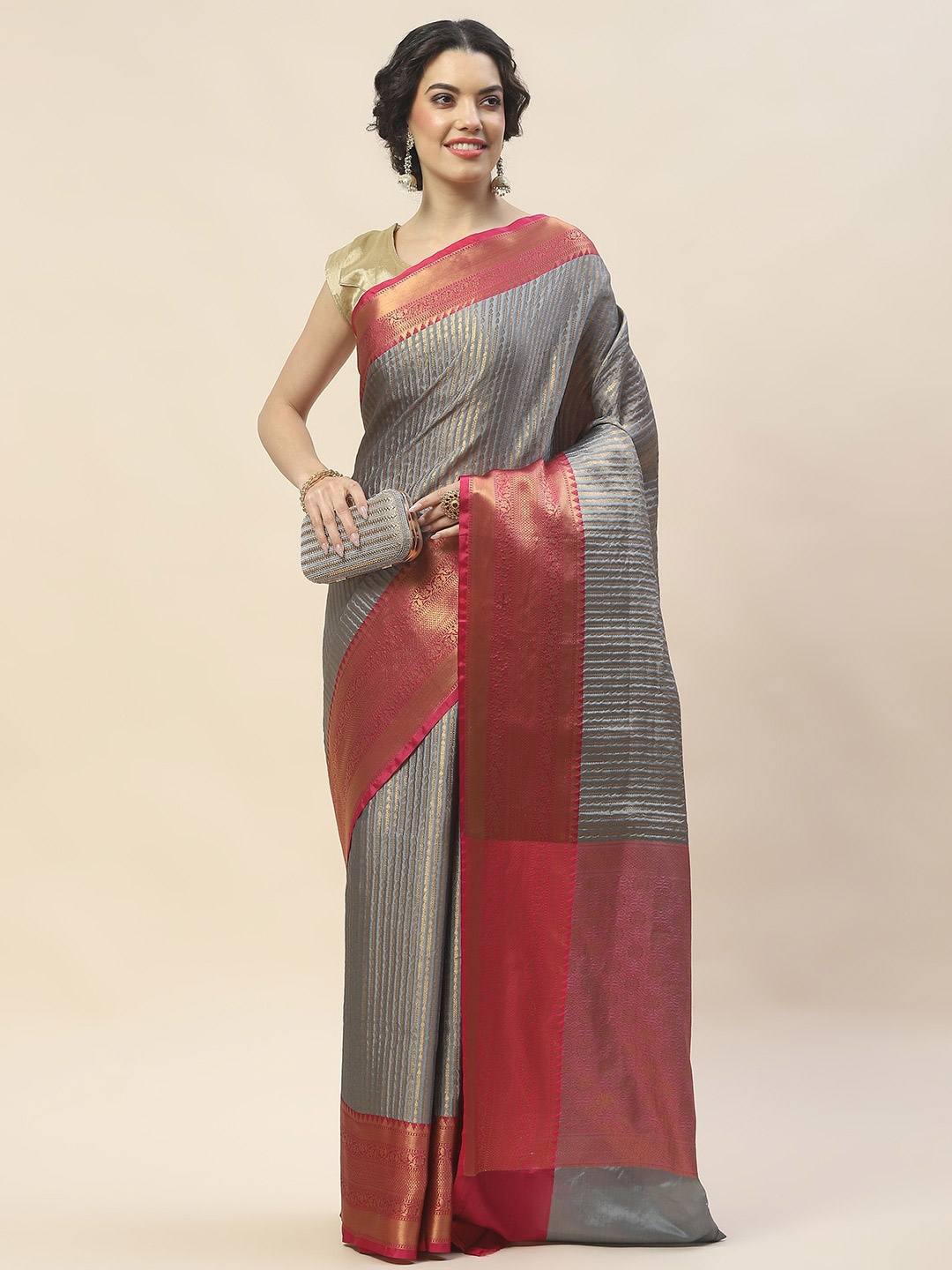 

Meena Bazaar Striped Woven Design Zari Saree, Grey