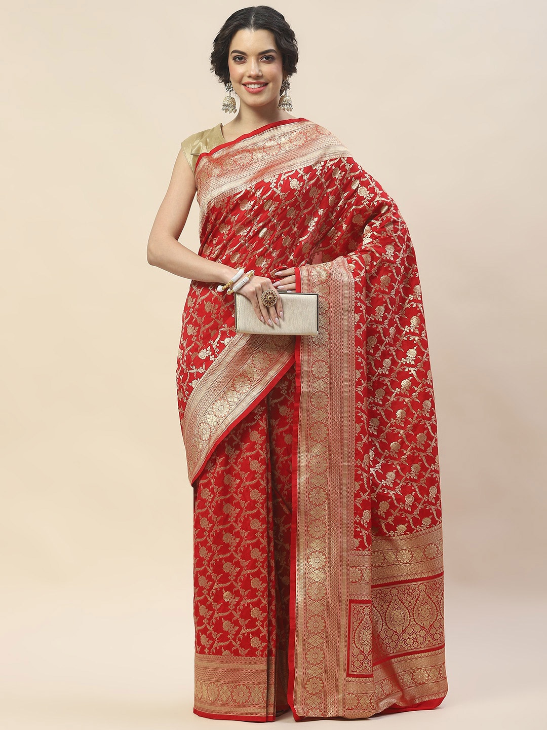 

Meena Bazaar Floral Woven Design Zari Art Silk Banarasi Saree, Red