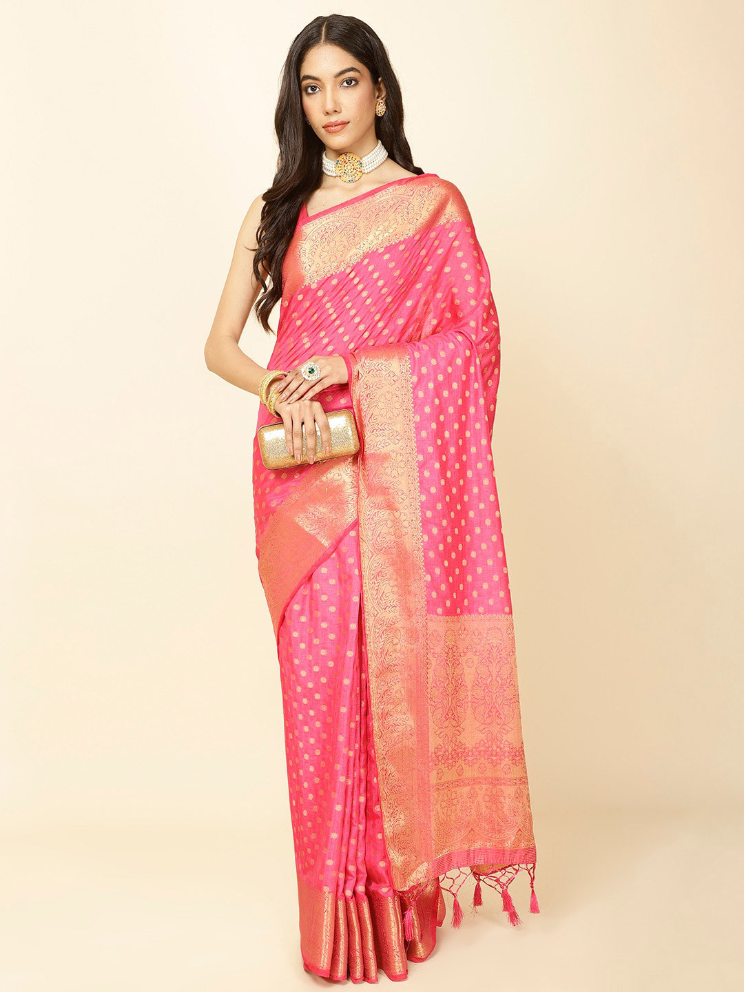 

Meena Bazaar Ethnic Motifs Woven Design Zari Saree, Pink