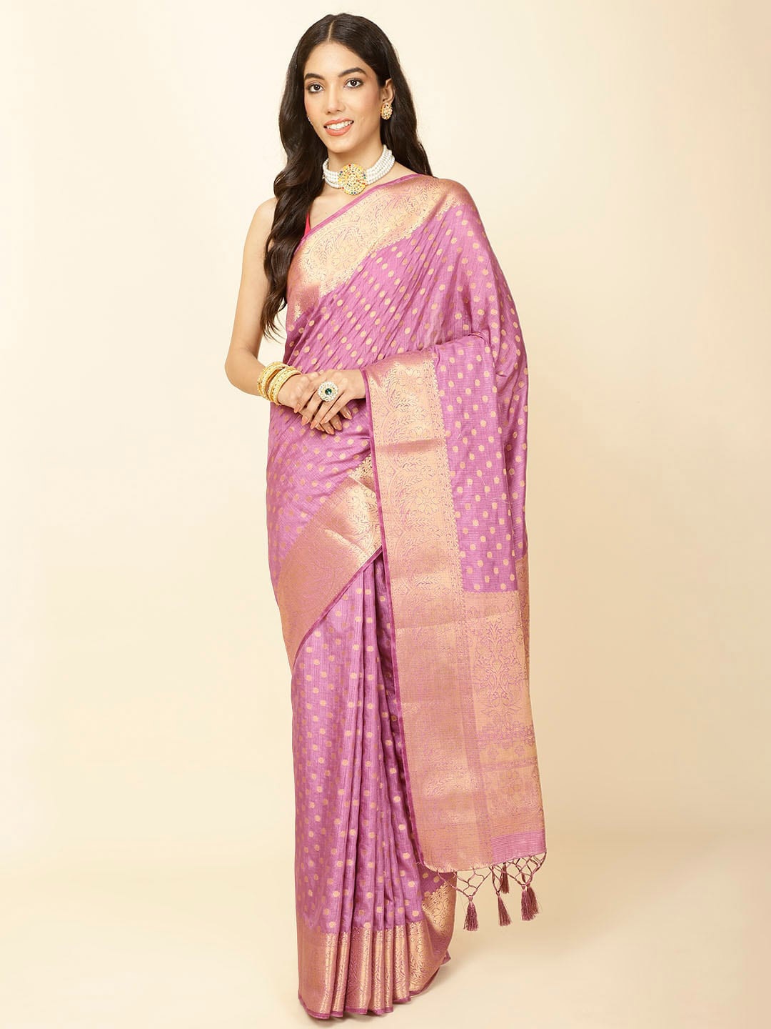 

Meena Bazaar Ethnic Motifs Woven Design Zari Saree, Purple