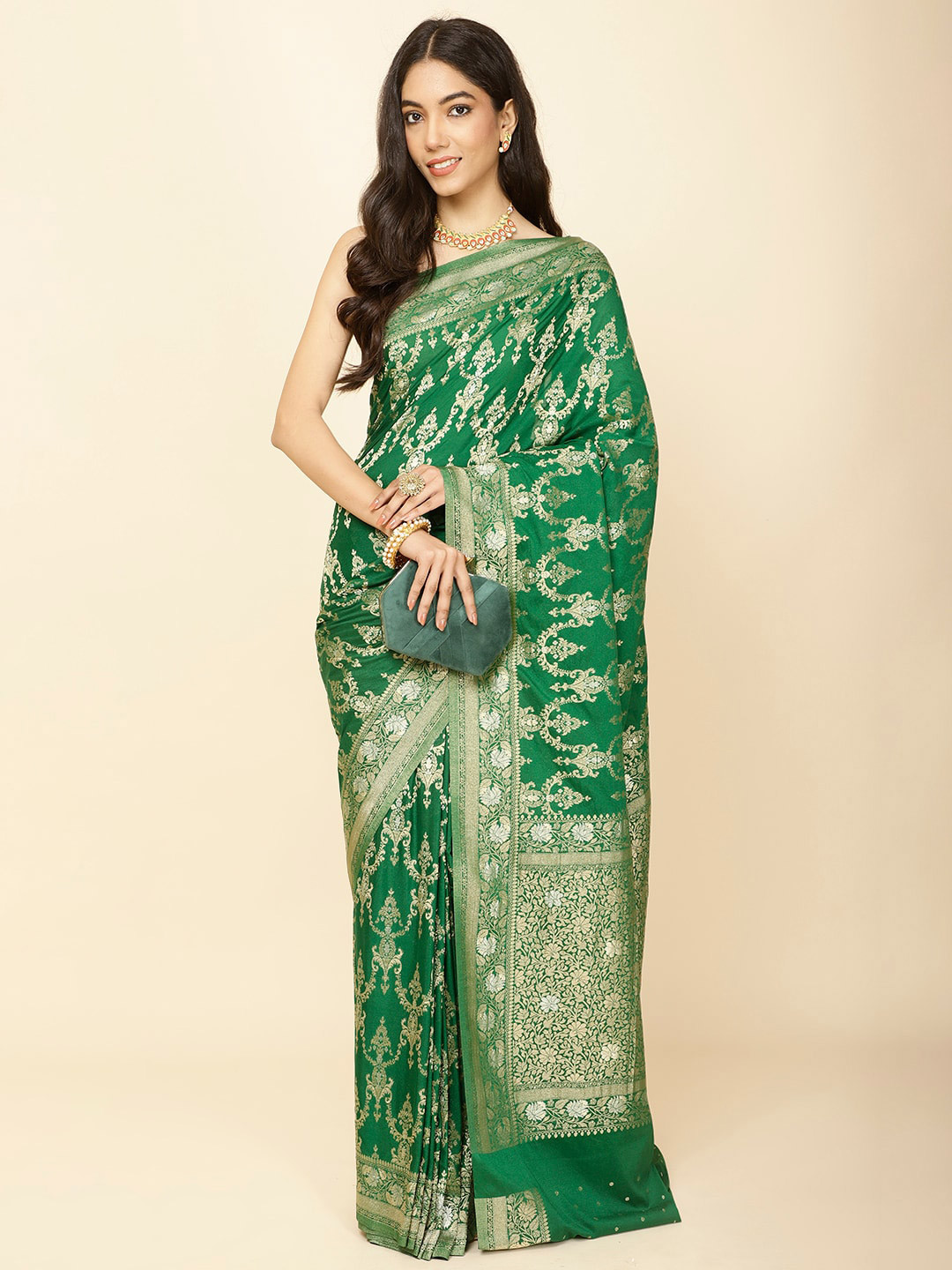 

Meena Bazaar Ethnic Motifs Woven Design Zari Saree, Green
