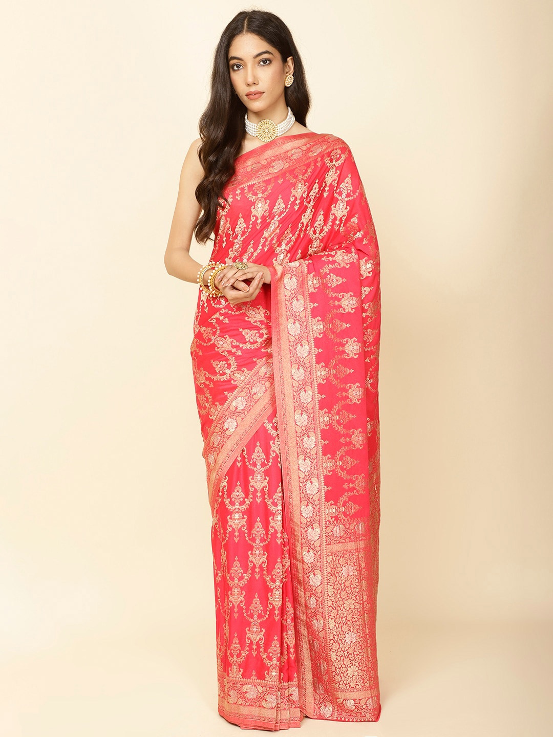 

Meena Bazaar Ethnic Motifs Woven Design Zari Saree, Pink