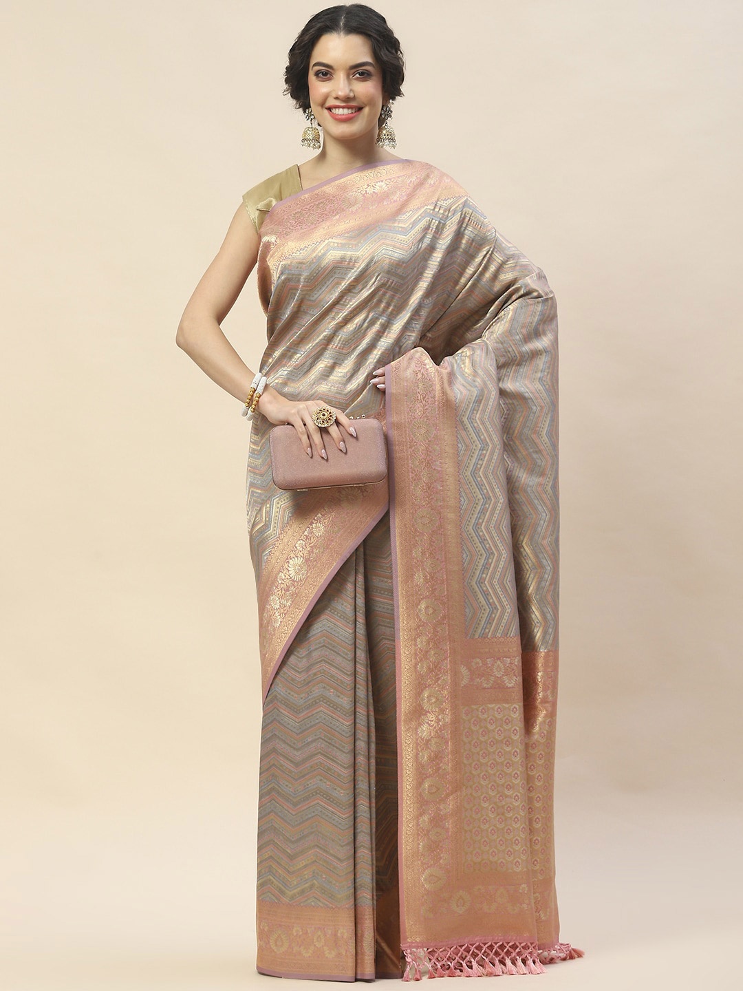 

Meena Bazaar Ethnic Motifs Woven Design Zari Banarasi Saree, Grey