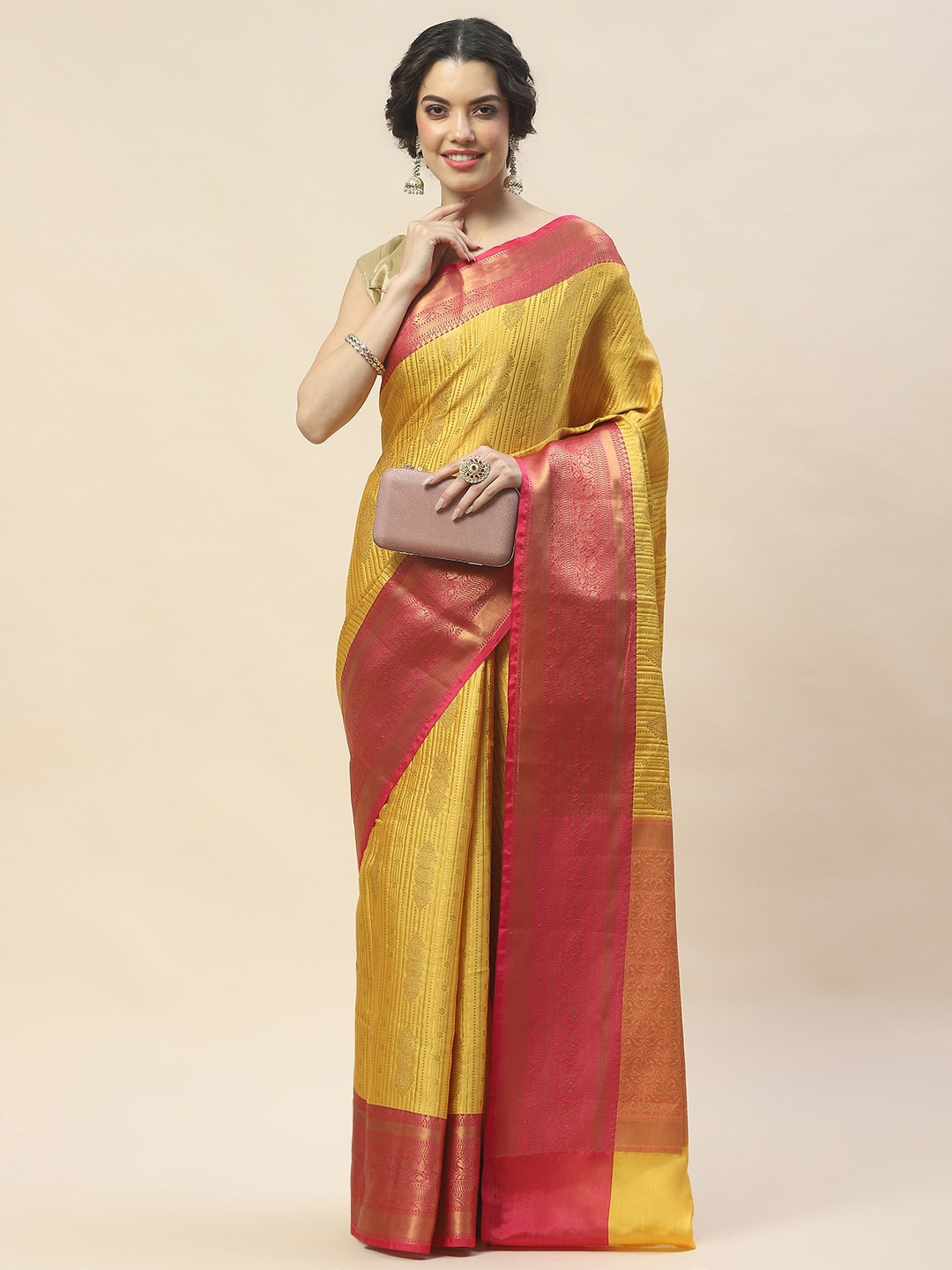 

Meena Bazaar Ethnic Motifs Woven Design Zari Saree, Mustard