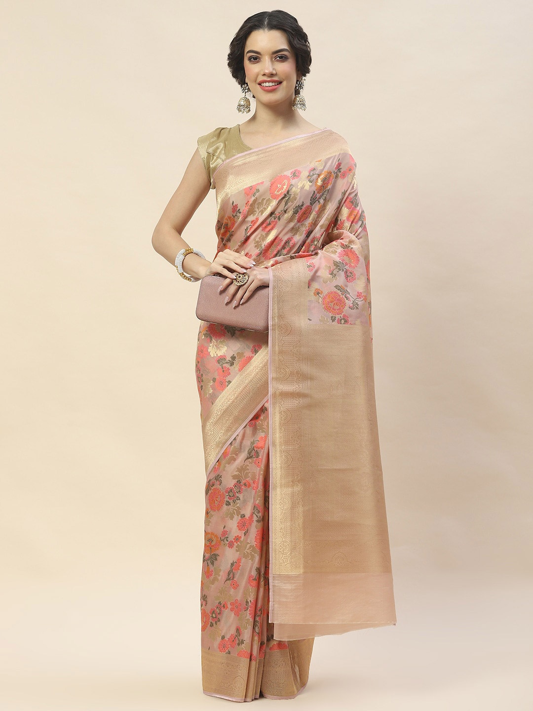 

Meena Bazaar Floral Woven Design Zari Saree, Pink