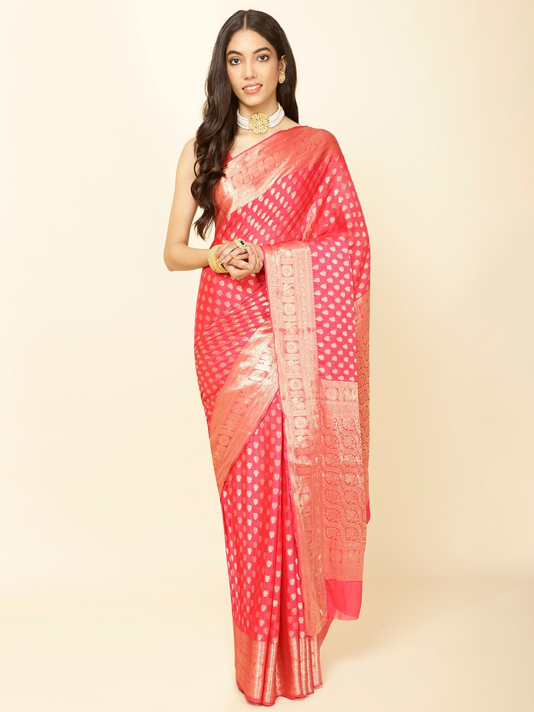 

Meena Bazaar Ethnic Motifs Woven Design Zari Saree, Pink