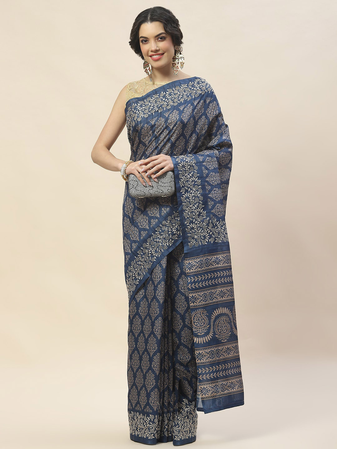 

Meena Bazaar Floral Printed Tussar Saree, Navy blue