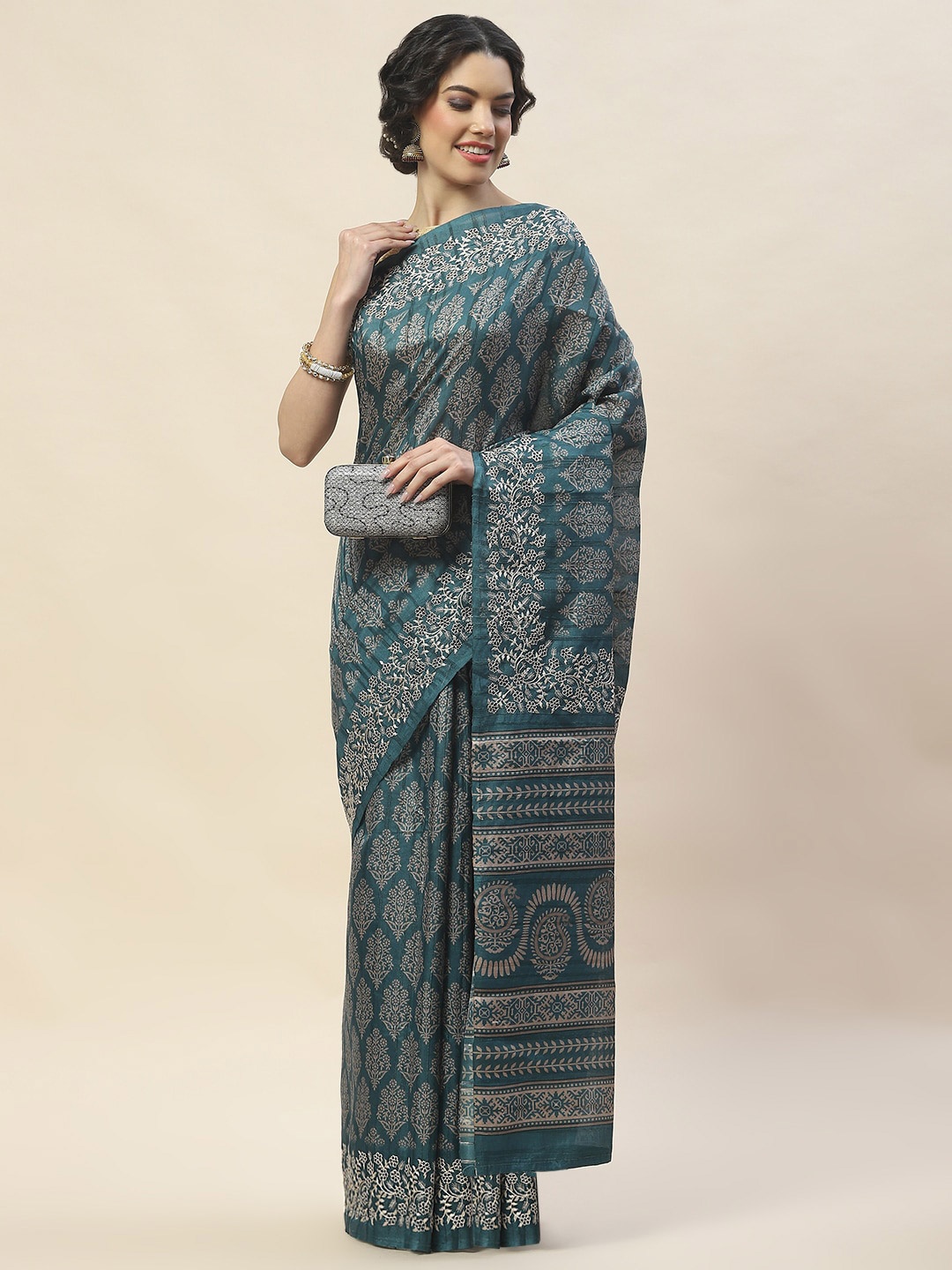 

Meena Bazaar Floral Printed Zari Tussar Saree, Blue