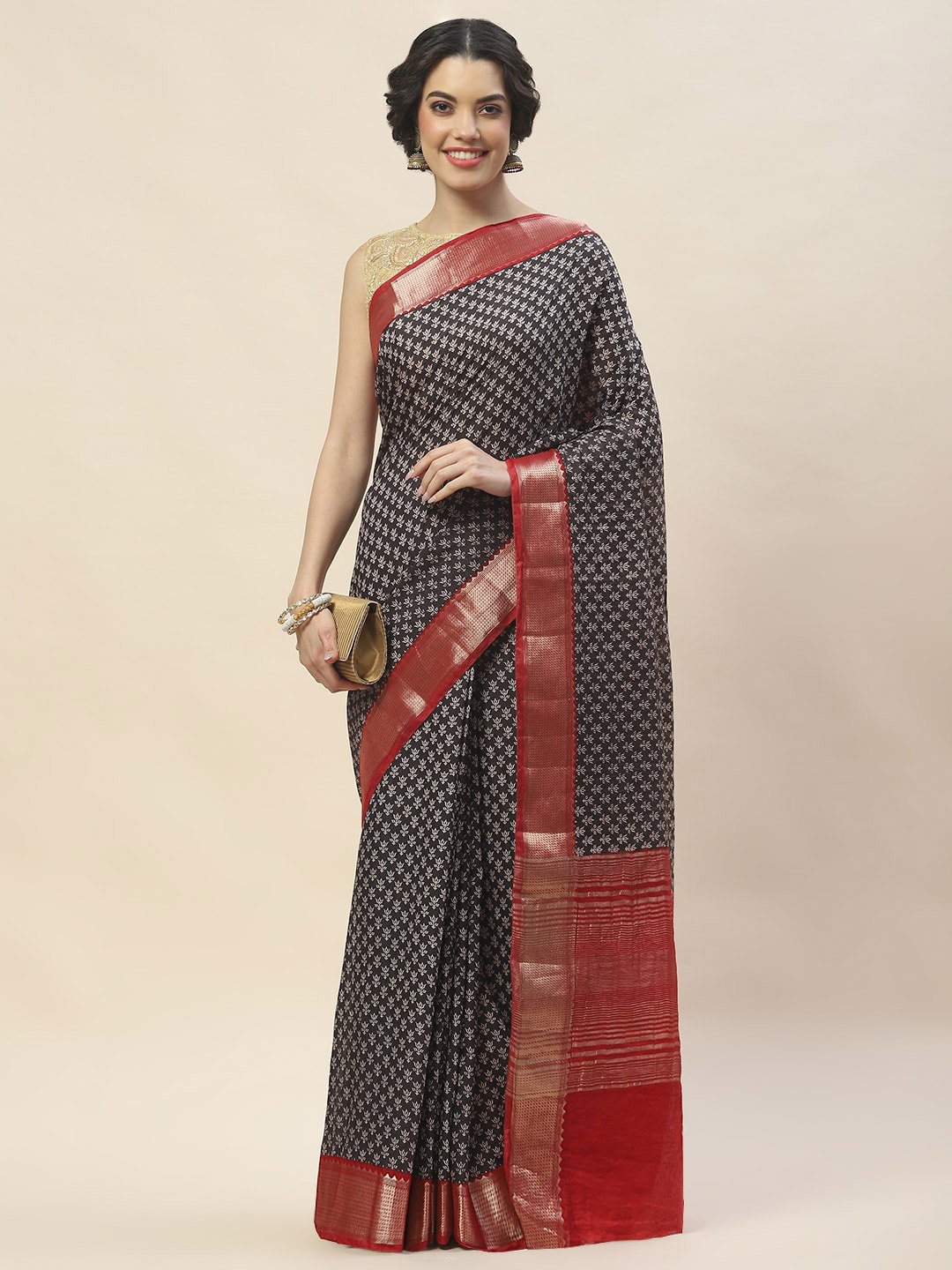 

Meena Bazaar Ethnic Motifs Woven Design Zari Saree, Black