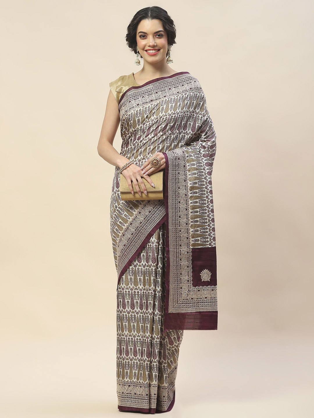 

Meena Bazaar Paisley Printed Zari Tussar Saree, Burgundy