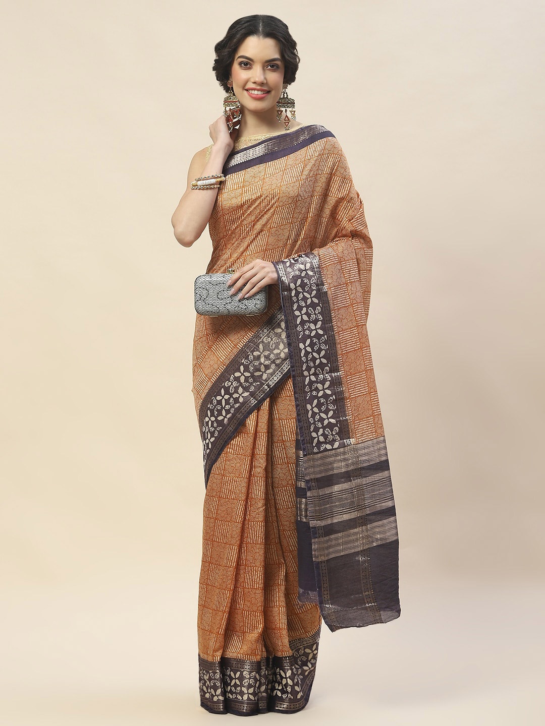 

Meena Bazaar Geometric Printed Zari Saree, Mustard