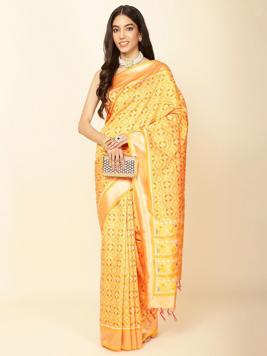 

Meena Bazaar Ethnic Motifs Woven Design Zari Saree, Mustard