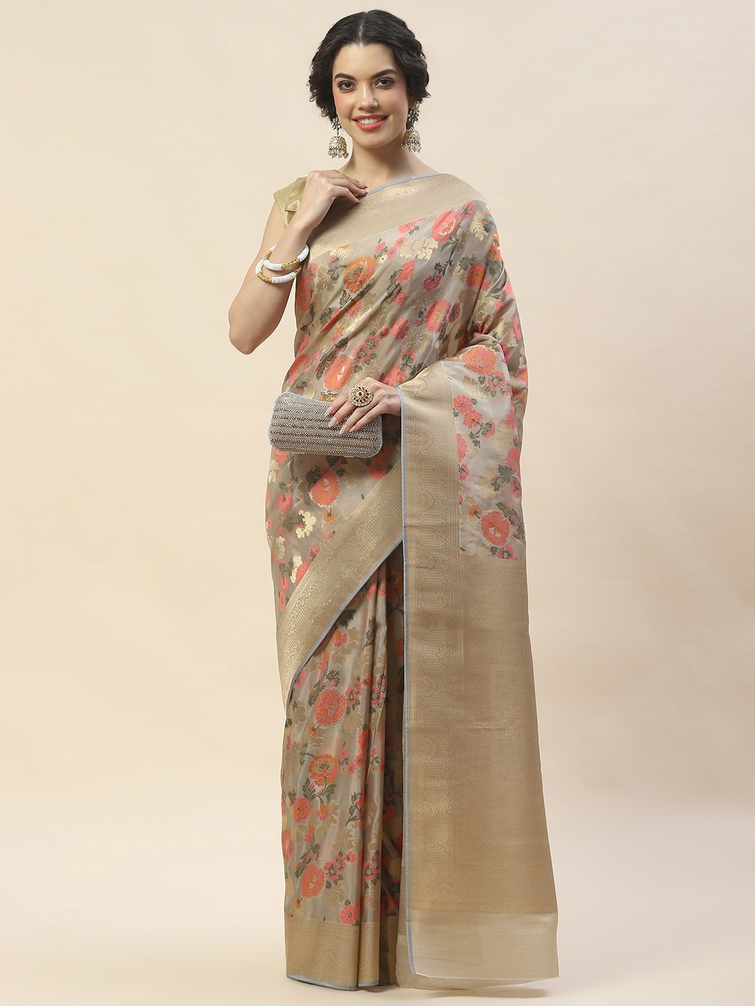 

Meena Bazaar Woven Design Zari Organza Saree, Grey