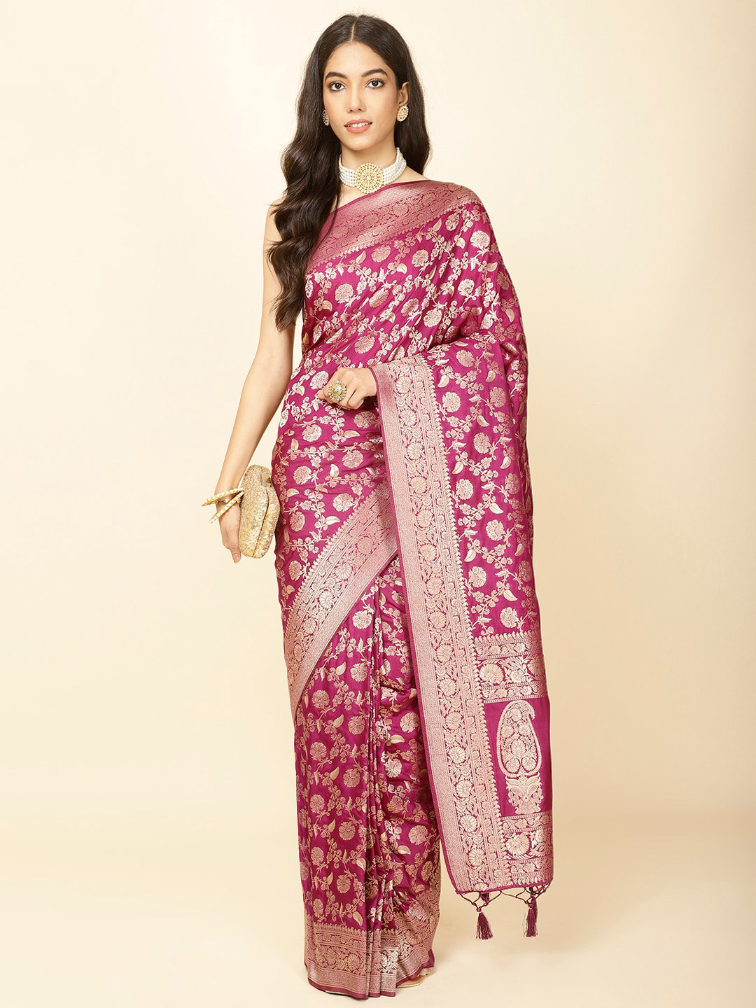 

Meena Bazaar Ethnic Motifs Woven Design Zari Saree, Purple