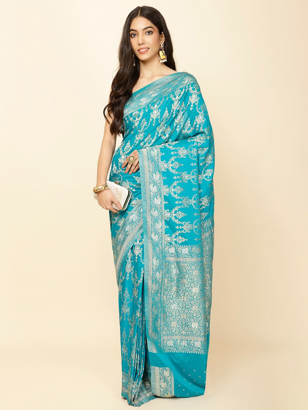 

Meena Bazaar Ethnic Motifs Woven Design Zari Saree, Blue