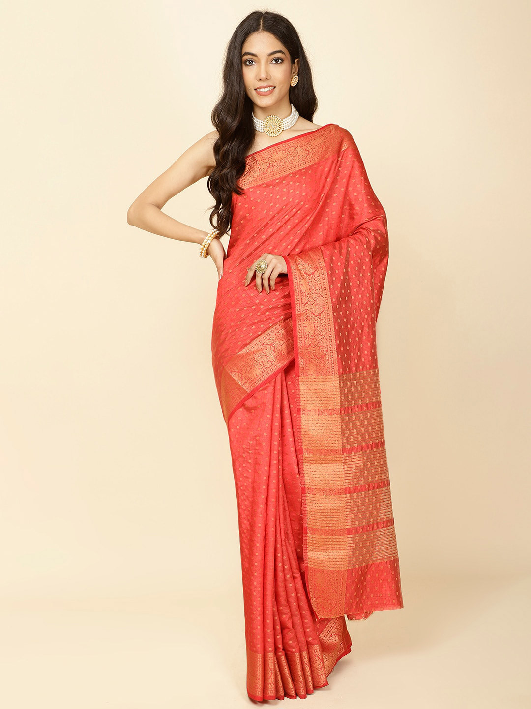 

Meena Bazaar Woven Design Handloom Saree, Red