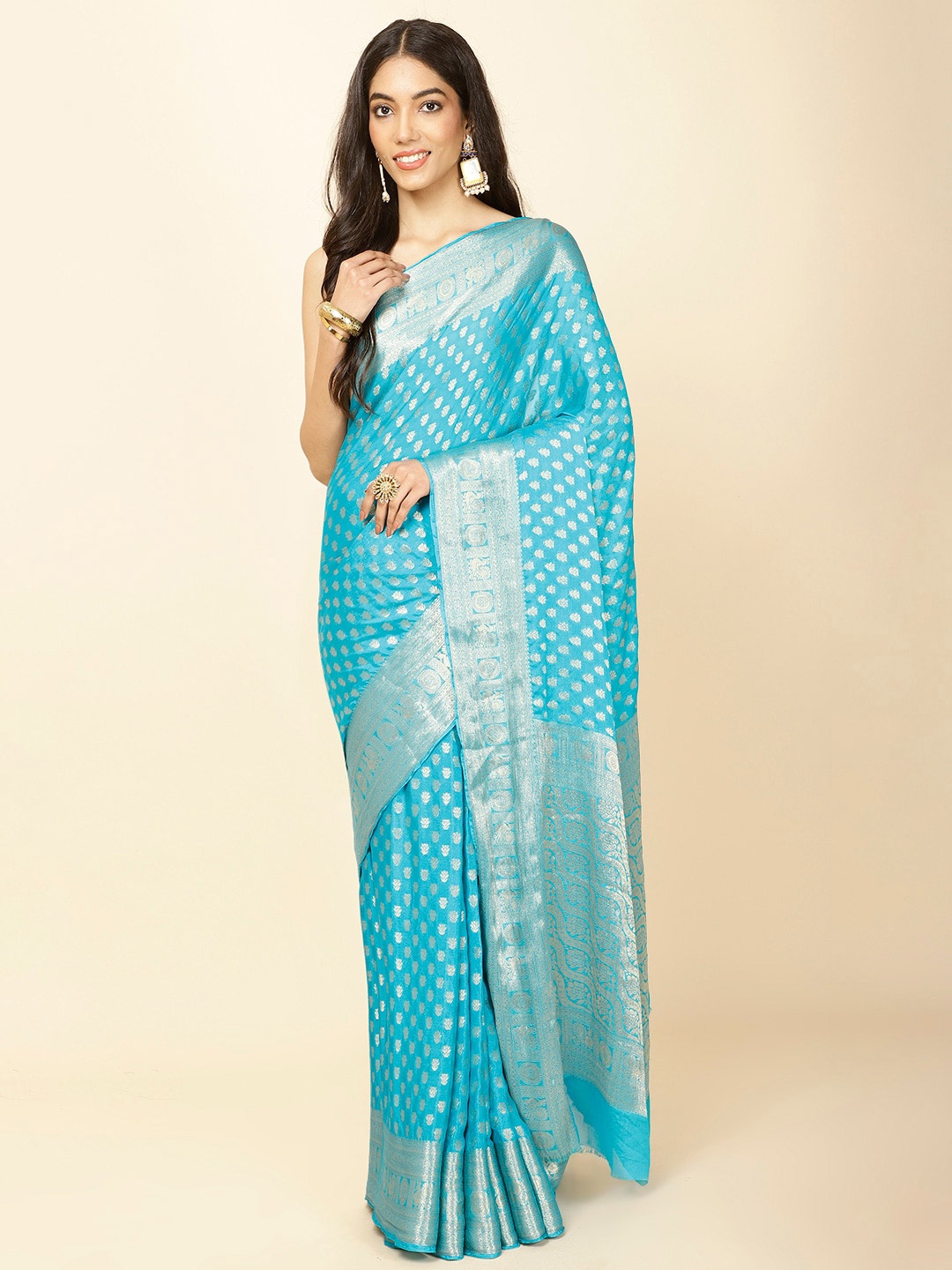 

Meena Bazaar Ethnic Motifs Woven Design Zari Saree, Blue