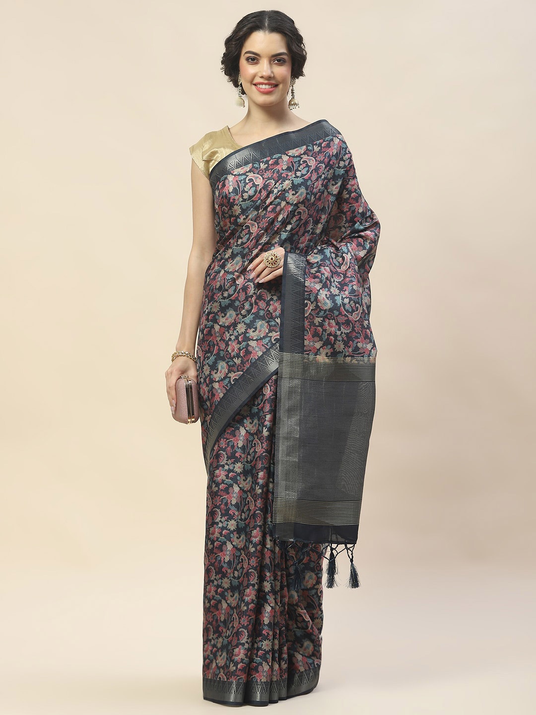 

Meena Bazaar Paisley Printed Zari Tussar Saree, Blue