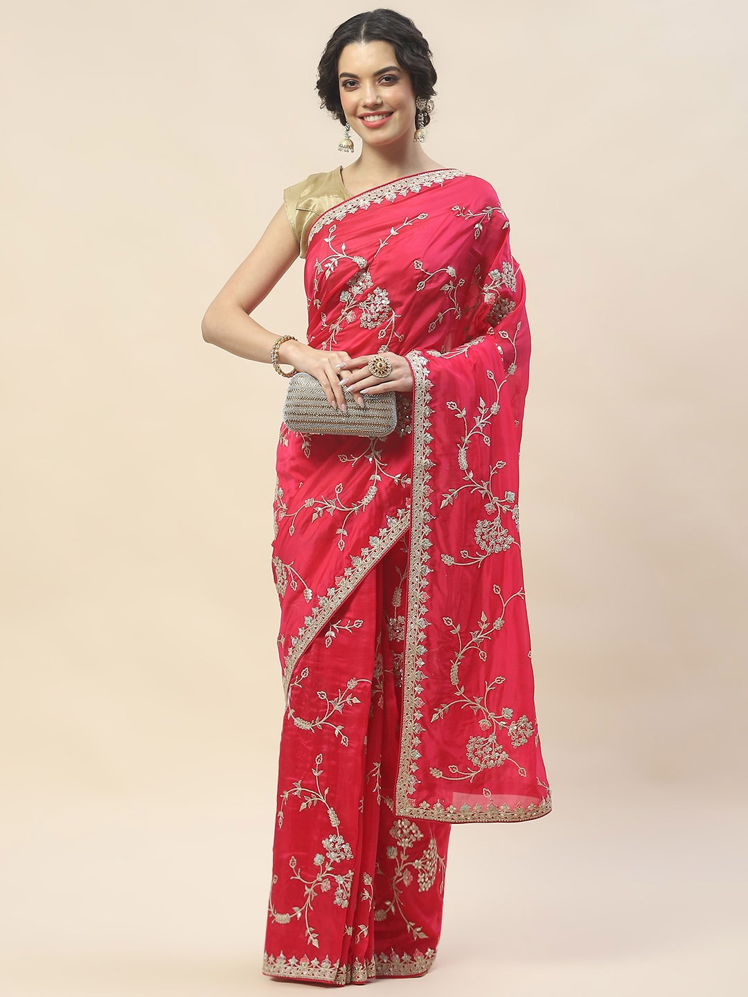 

Meena Bazaar Embellished Floral Sequinned Organza Saree, Pink