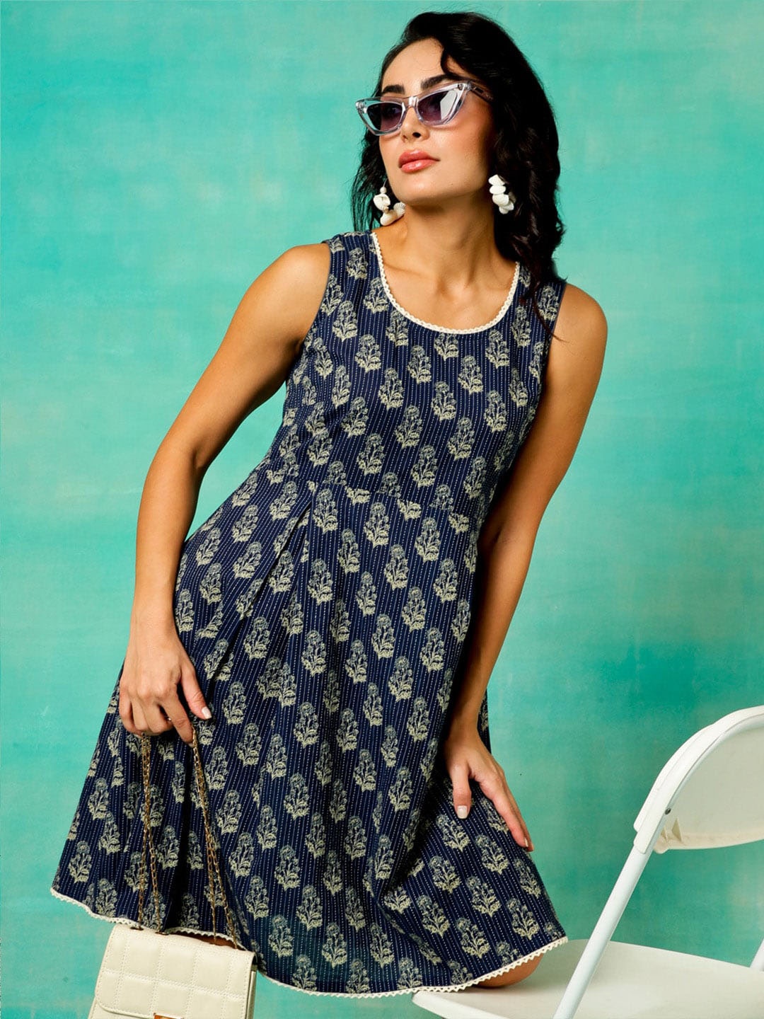 

AKS Floral Printed Sleeveless Cotton A-Line Dress, Navy blue