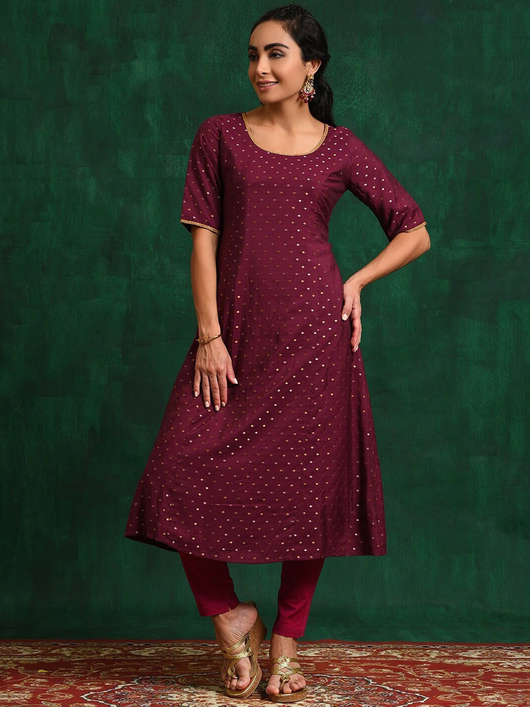 

AKS Geometric Woven Design Round Neck Gotta Patti Dobby Chanderi Silk A-Line Kurta, Gold