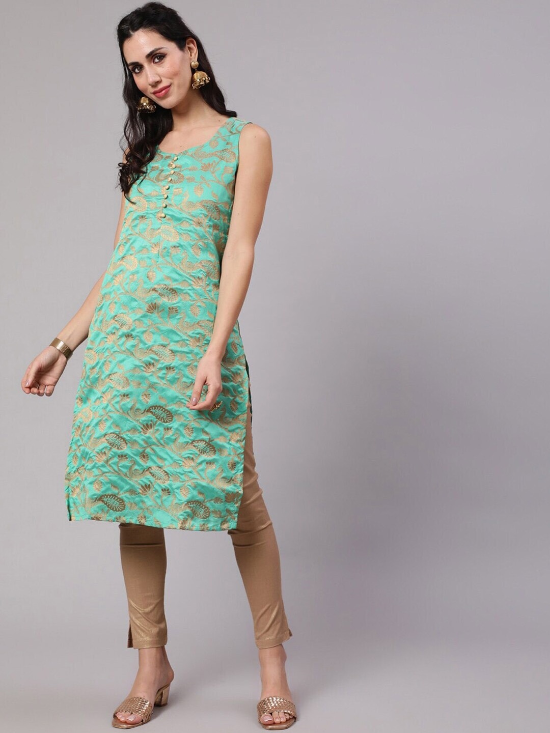 

AKS Ethnic Motifs Woven Design Round Neck Sleeveless Jacquard Straight Kurta, Green